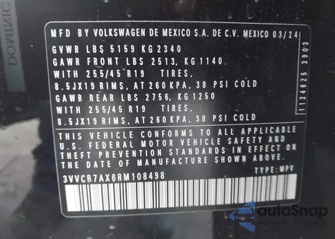 2024 Volkswagen Tiguan 2.0T Se R-Line Black из США, поврежденный, VIN 3VVCB7AX6RM108498